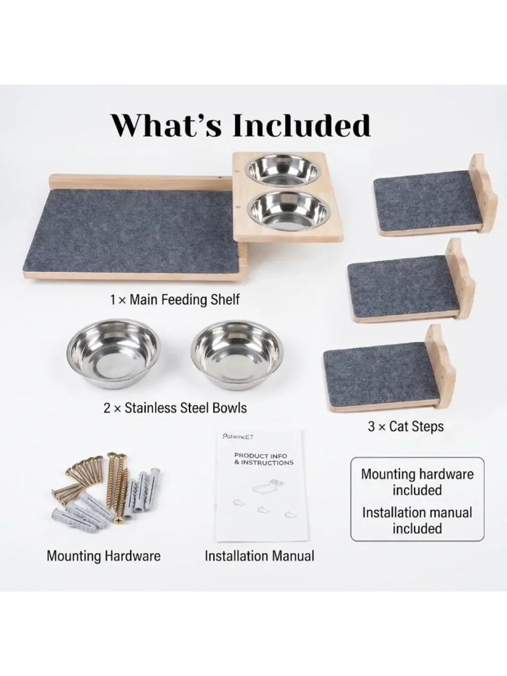 Elevated Cat Feeding Station with 3 Steps & 2 Bowls | Wall-Mounted Pet Shelf